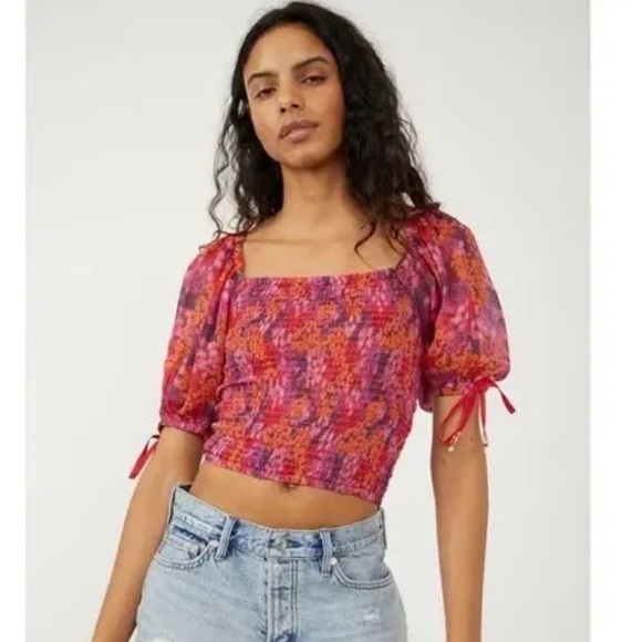 NWOT Free People Hot Pink Ditsy Floral Print Blouse Puff Sleeve Top, XL - Picture 2 of 11